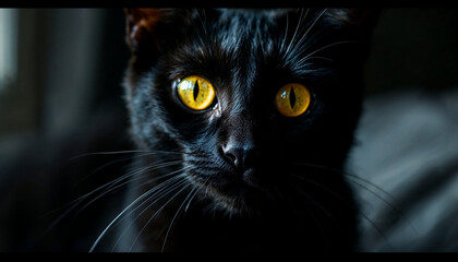 Black cat with striking yellow eyes gazes intently in soft indoor light during the afternoon