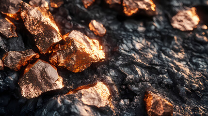 Close-up of raw copper ore nuggets shimmering in natural light, showcasing metallic luster and rough texture, against a dark, contrasting stone background. Luster. Illustration