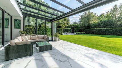 Modern patio with retractable glass roof, overlooking lush green lawn.