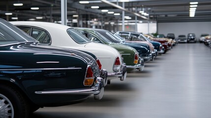 Rows of beautifully restored classic cars fill an expansive exhibition hall, highlighting exquisite designs and craftsmanship from the mid-1900s, creating a nostalgic atmosphere