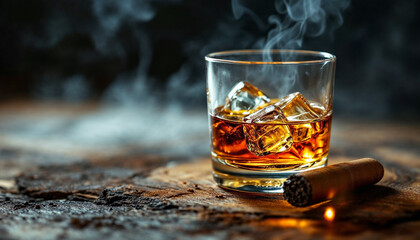 Whiskey with ice cubes and a cigar on a wooden surface in a dimly lit setting