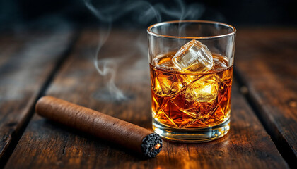 Enjoying a fine whiskey on the rocks with a cigar in a cozy, rustic setting during the evening