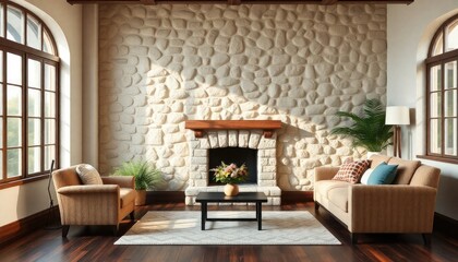 Fototapeta premium Windy afternoon Traditional Stone Wall Living Room featuring dark mahogany skirting boards for a classic finish