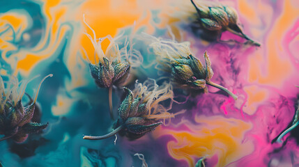 Fototapeta premium A vivid composition of scattered weed and compact buds on a surreal multicolored surface.