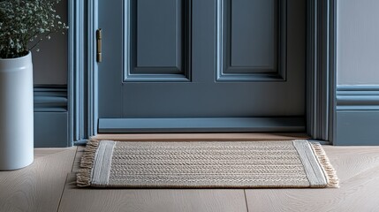 Fototapeta premium A Scandinavian-style mat with a subtle woven folk design and fringes placed in a cozy blue-toned entryway.
