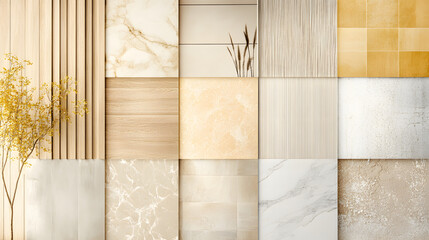 A warm design collage featuring beige lines light wood textures veined marble and yellow ceramic tiles.