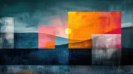 Naklejka premium Abstract landscape with geometric shapes and a sunset, exploring color and form.