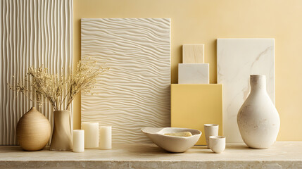 A warm material palette including yellow ceramic tiles pale wood finishes beige patterns and marble accents.