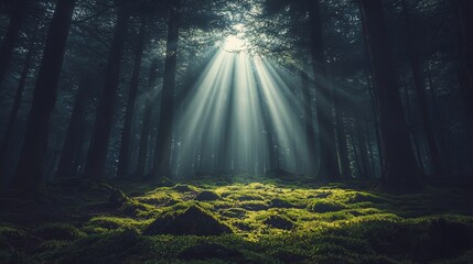 Obraz premium Sunlight beams filtering through a serene forest, illuminating mossy ground.