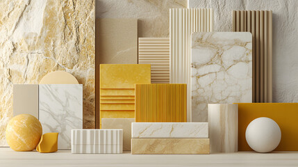 A warm-toned material board featuring natural light wood beige lines marble textures and bright yellow ceramics.