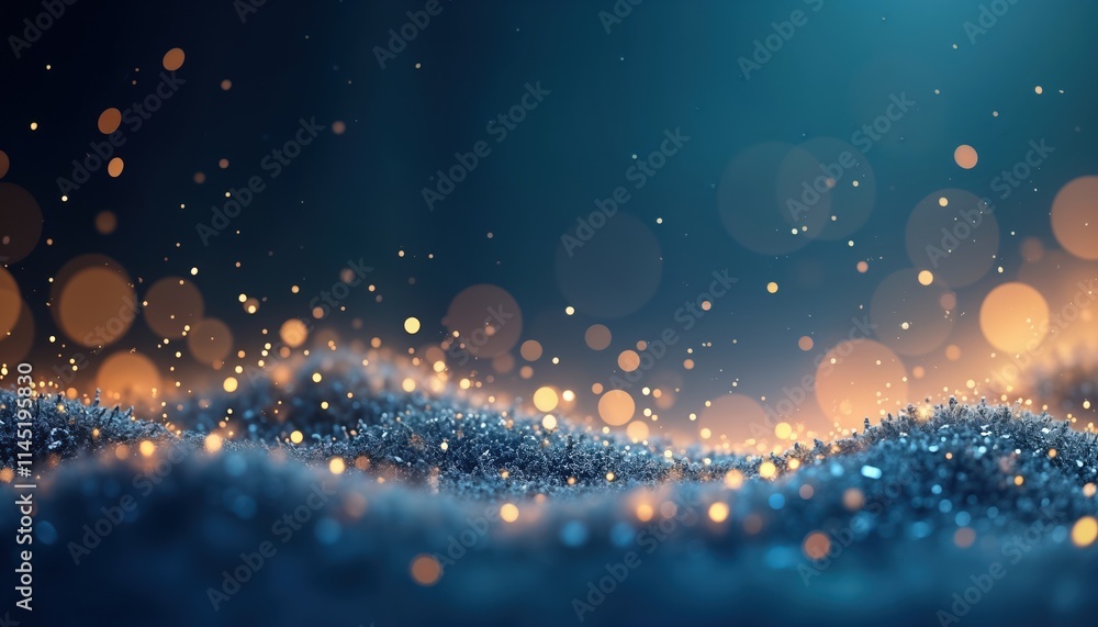 Poster abstract background design with gold particles, light blue. glittering particles create festive, mag
