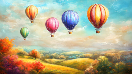 Fototapeta premium A whimsical hot air balloon scene drawn with oil pastels with vibrant balloons floating over a rolling landscape.
