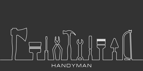 Professional handyman services concept. Vector banner template with tools collection and text space.  Set of repair tools on dark gray background for your design. EPS10.