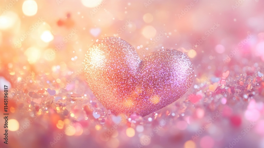 Poster sparkling heart shape on pink background with bokeh effect