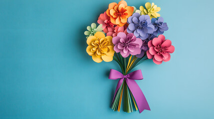A whimsical paper flower bouquet featuring multi-colored blooms in a rainbow gradient tied with a colorful ribbon.