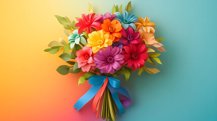 A whimsical paper flower bouquet featuring multi-colored blooms in a rainbow gradient tied with a colorful ribbon.