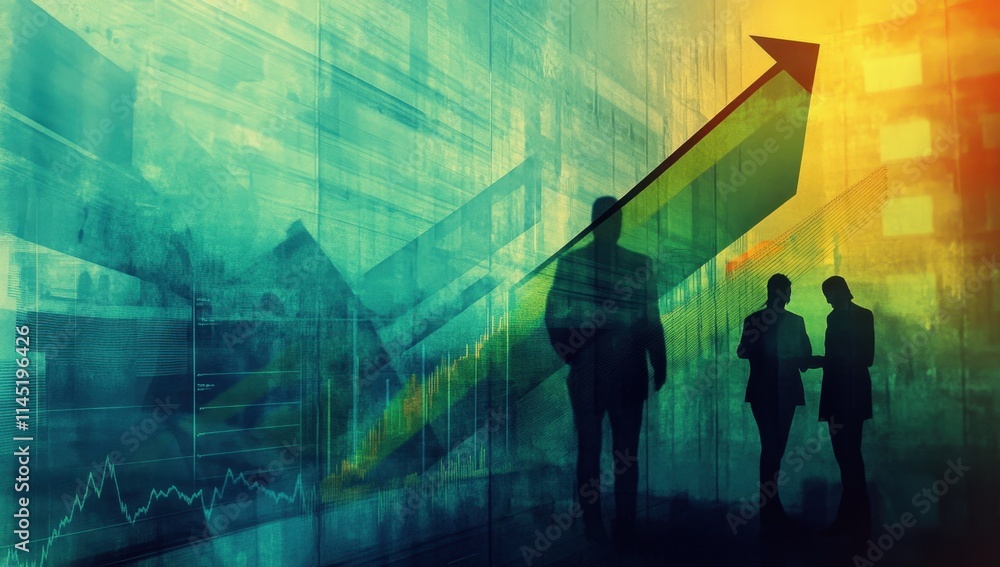 Poster an abstract background with a double exposure of an upward-pointing arrow and the silhouettes of two