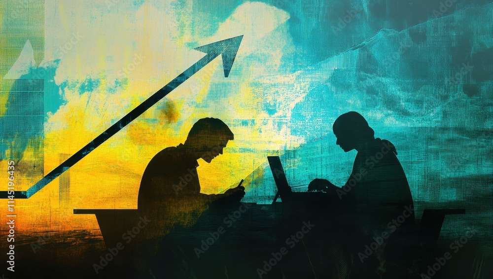 Poster an abstract background with a double exposure of an upward-pointing arrow and the silhouettes of two