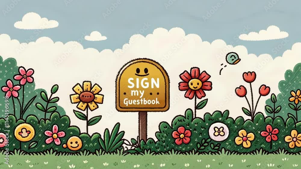 Poster a pixelated garden scene filled with cheerful flowers with a quaint sign my guestbook button nestled