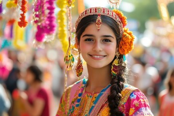 Fototapeta premium Radiant young woman in traditional attire at a vibrant cultural festival with colorful decorations