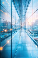 Modern urban corridor with reflective glass and city skyline at sunset, showcasing futuristic architecture and vibrant lights. Generative AI