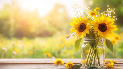 A whimsical sunflower bouquet with two bright sunflowers yellow billy buttons and delicate greenery arranged in a mason jar.