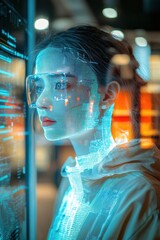 Woman with futuristic digital interface visualization in a tech environment during evening hours. Generative AI