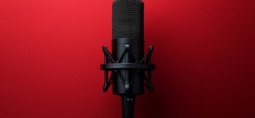 A close-up of a black microphone against a red background.