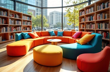 Modern library lounge with colorful seating. Sunlit space. Colorful sofas, armchairs arranged in circle. Plenty of bookshelves seen along large windows. Relaxing, inviting environment for reading