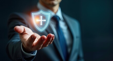 Businessman presents virtual health, insurance protection shield. Digital symbol of safety, security. Modern concept of safeguarding health. Image suitable for insurance companies. Shows tech