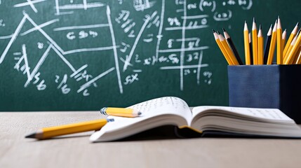 An open book rests on a wooden table beside stacks of books and a container filled with colored pencils. A chalkboard in the background displays mathematical equations and diagrams