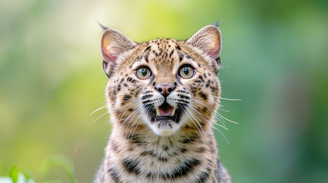 Close-up of a kodkod with its mouth open, showing its teeth and tongue.