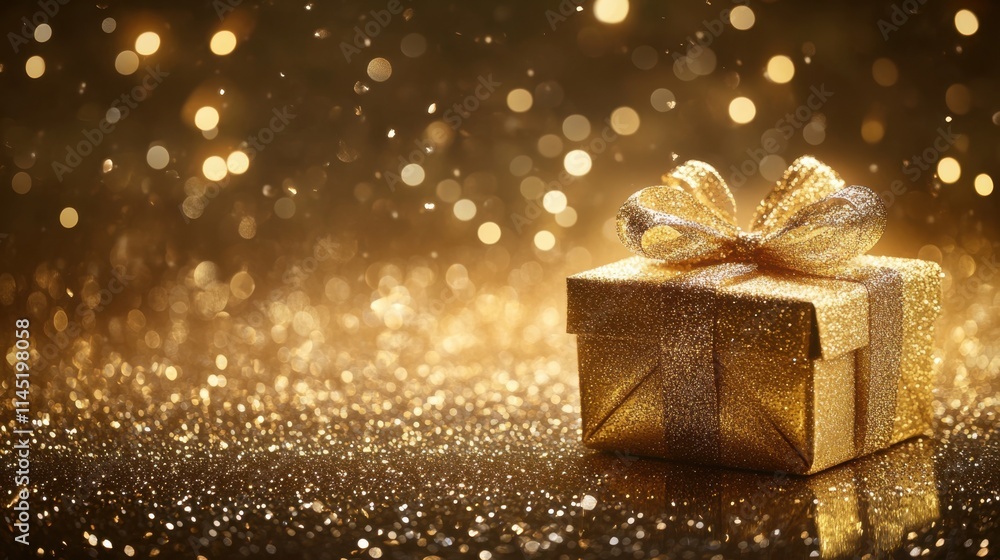 Poster golden gift box on shimmering background with bokeh effect