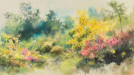 vibrant watercolor of spring meadow filled with colorful wildflowers