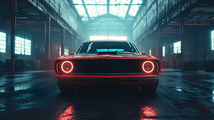A bold muscle car front view with circular headlights glowing in a dimly lit industrial warehouse.