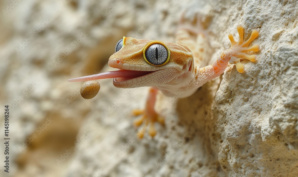 Poster a close-up of a gecko with a long tongue catching a small object.