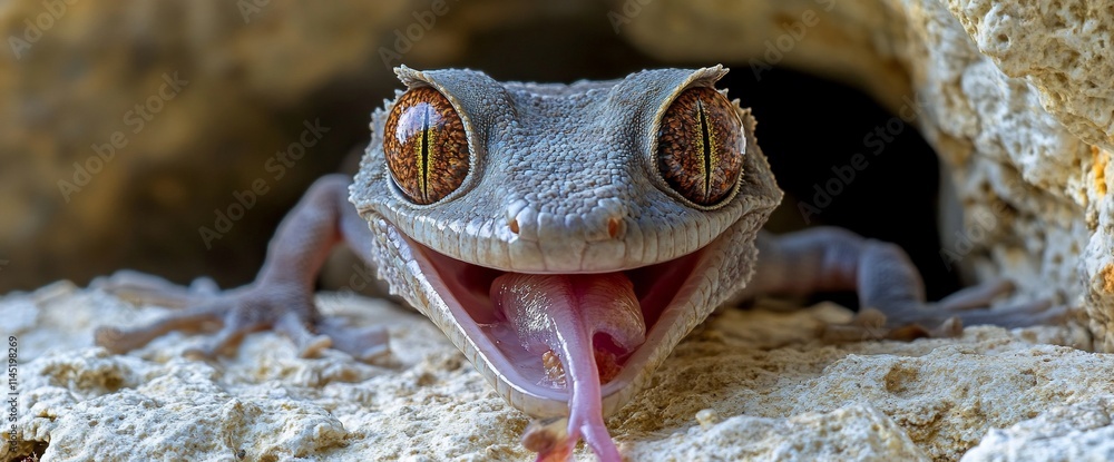 Poster a close-up of a gecko with a playful expression and its tongue out.