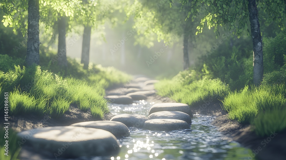 Poster sunlit forest path with stepping stones across a stream.