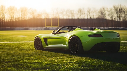 A bright lime green GoCoda sports car concept with glossy black accents vividly parked on the green lawn of a grunge football field.