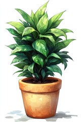 Lush green houseplant in a terracotta pot, isolated on white.