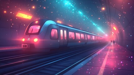 Glowing glitch effect on a subway train with neon light streaks creating a futuristic look