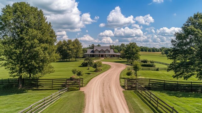 Luxurious country house with long driveway.
