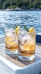 Two cocktails with ice, lemon slices, and herbs are placed on a wooden table. The boat sways gently on clear blue water, surrounded by greenery on a sunny day.