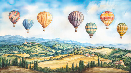 Fototapeta premium Colorful hot air balloons over sunny landscape with rolling hills