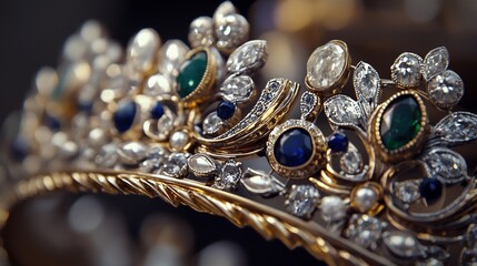 A close-up of an ornate tiara adorned with colorful gemstones and diamonds.