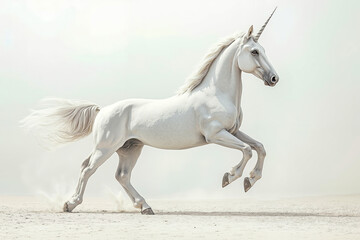 A white unicorn is galloping in the desert on a sunny day