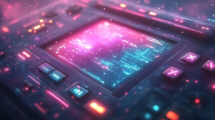 Glowing glitch effect on a digital game console screen with vibrant distortion effects