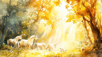 Watercolor Illustration Unicorns Grazing Golden