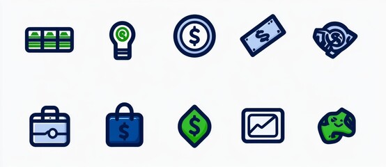 An icon set of money icons depicting dollar symbols, banking, finance, investment signs, and savings concepts.
