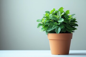 Fototapeta premium Lush green mint plant in a terracotta pot against a light grey background.